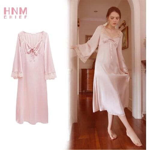 HNMCHIEF Ladies Satin Long Nightdress Vintage Woman Lace Sleeve Summer ANightgowns Dress Sleepwear Nightgowns & Sleepshirts