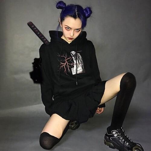 Ruibbit New Gothic Punk Funny Hoodies Women Long Sleeve Japanese Harajuku Print Pullover Loose Hoody Black Hooded Sweatshirts