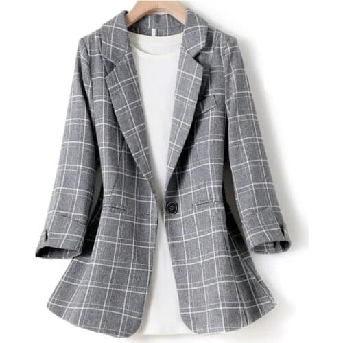 Women Blazers And Jackets 2021 Spring Summer Thin Coat Plus Size Elegant Women Business office Suit 3/4 Sleeve Lady Plaid Blazer