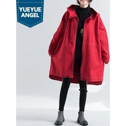 Bf Style Hot Sale Women Winter New Fashion Zipper Trench Hooded Denim Jean Coats Female Casual Outwear Red Free Size Unregular