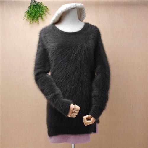 Girls women fashion hairy fluffy mink cashmere knitted long sleeves slim pullover angora rabbit hair winter jumper sweater pull