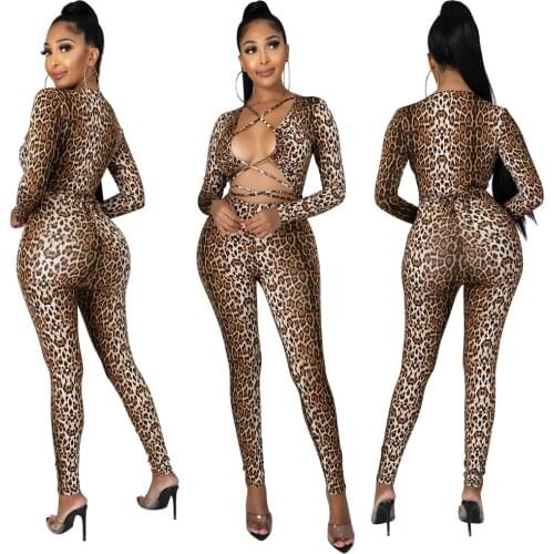 Somoshein S-2XL 2021 Tights jumpsuit women autumn hollow leopard printing long sleeve club sexy romper Wholesale Dropshopping