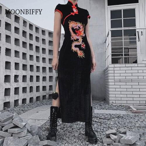 Chinese Stand Collar Gothic Dress Emboridery Dragon Qipao Black/Red Vintage Evening Party Vestido Long Robe Cheongsam Black Sexy