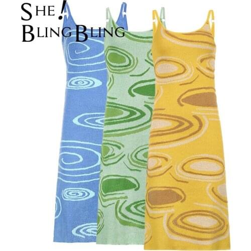 SheBlingBling Women Summer 2021 Za Psychedelic Print Cami Knitted Dresses Sleeveless Hollow Out Bodycon Midi Sexy Female Dress