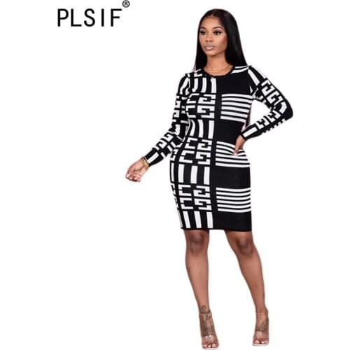 Woman O Neck Geometric Print Mini Dress Full Sleeve Sheath Party Club Bodycon Dress Lady Vestidos