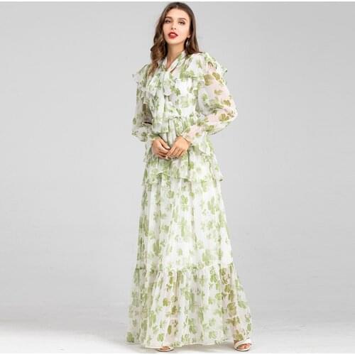 Women Christmas Maxi Long Sleeve Bow Collar Green Flower Print Plus Size XXL XXXL Party New Year Elegant Dress
