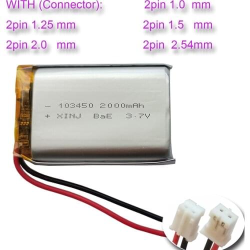 XINJ 3.7V 2000 mAh Rechargeable Li-Po Li Polymer Battery 103450 10mm Thick 2pin JST-PH 1.0mm 1.25mm For Game Player GPS Camera