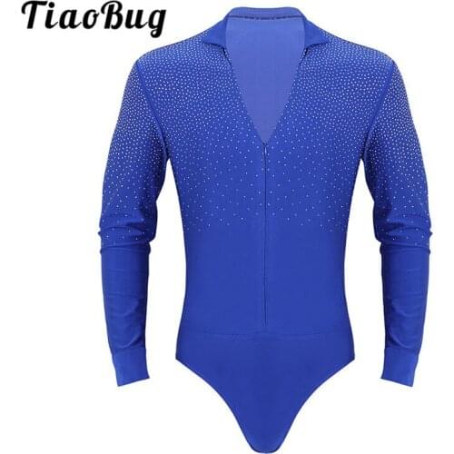 TiaoBug Shiny Rhinestones Stand Collar V-neck Long Sleeve Dancewear Ballroom Tango Rumba Men Latin Dance Leotard Shirt Bodysuit