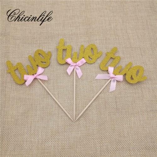 Chicinlife gold/silver Happy Birthday Pink Bow Glitter Two Cake Cupcake Toppers Kids Party baby shower Decorations Supplies