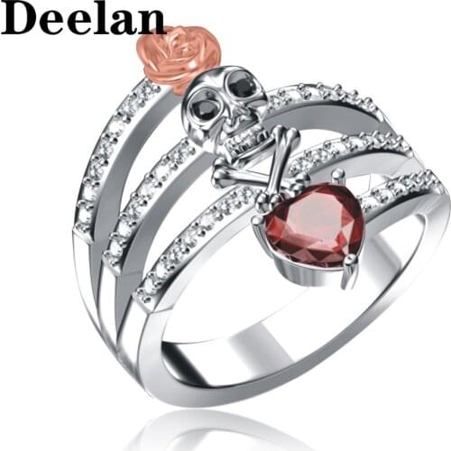 DEELAN Rings For Women Classic Punk Gothic Skull Rose Silver Plated Austrian Heart Shape Crystal CZ Jewelry Punk Fashion Ring
