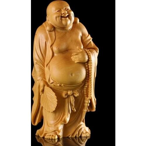 CCZHIDAO buda feliz Budai 12/18CM estatuas de madera ríe de Dios con ventilador budista Maitreya monje sólido boj chino escultur