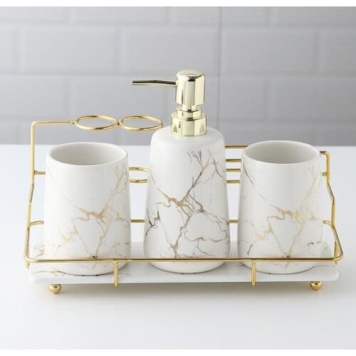 Imitation Marble Bathroom Decoration Accessories, Toothbrush Holder Ceramic Toothpaste Dispenser, Lotion Bottle, Soap Dish, Tray