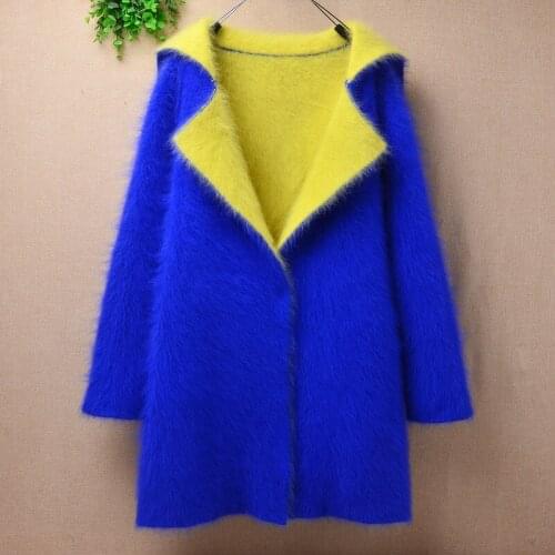Elegant fashion female women hairy fluffy mink cashmere knitted suit collar long sleeves slim cardigans angora fur jacket coat