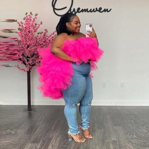 Fuchsia Champagne Off Shoulder Sleeveless Tulle Blouse Shirts Women Plus Size Ruffle Puffy Tulle Party Tops Ruffles Tulle Top