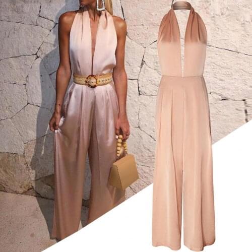 Elegant Jumpsuit Women Summer 2021 Backless Halter Romper High Waist Sleeveless Jumpsuit for Party Pink xxl Solid Color Pink