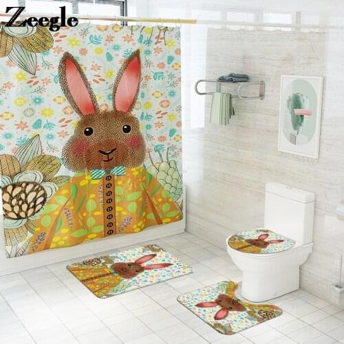 Rabbit Printed Bath Mat and Shower Curtain Set Home Decoration Carpet for Toilet Seat Cover Mat Microfiber Shower Room Carpet