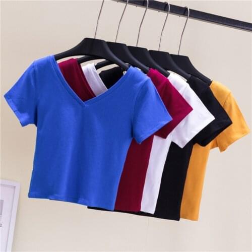 V Neck Short Sleeve Summer Red Womens Clothing Sexy Street Slim Basic Shirt Woman Korean Cotton Fashionable Womens Clothing