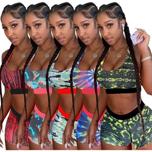 2pcs Women Print Outfits Sleeveless Round Neck Tank Top Elastic Waist Shorts Casual Sports Yoga Fitness Stretch Tracksuit