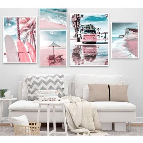 Pink Bus Beach Surfboard Sea palm Tree Nordic Posters And Prints Wall Art Canvas Painting Wall Pictures For Living Room Decor