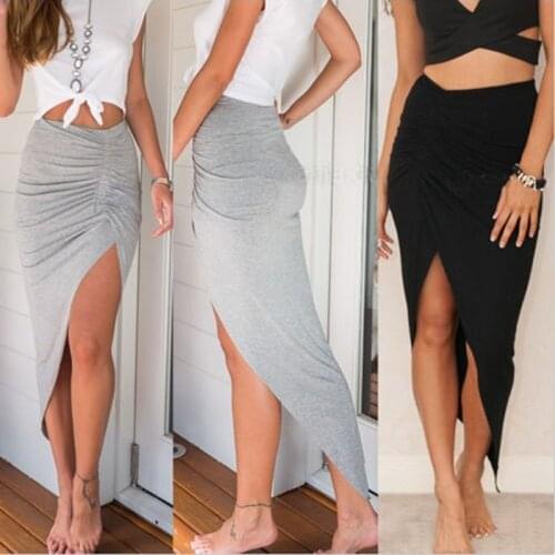 2019 New Sexy Irregular Skirts Women Summer Charm Split Long Skirt Slim Party Bodycon Skirt gray black
