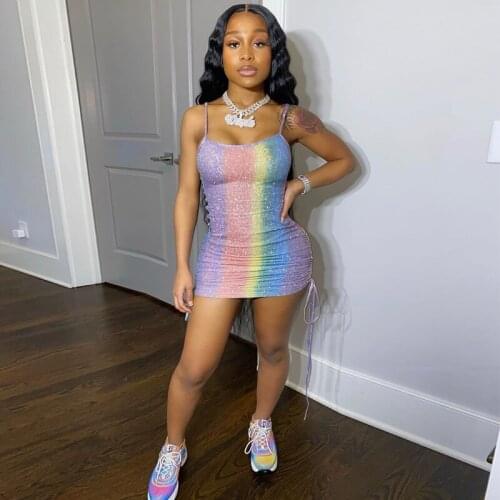 Sexy Bodycon Spaghetti Strap Sparkly Ruched Holographic Dress for Women Elegant Womens Rainbow Party Club Mini Glitter Dress
