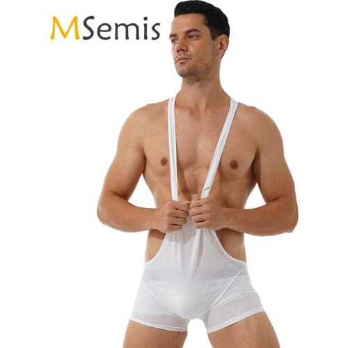 Sexy Mens Skinny Jumpsuit Leotard Playsuits One-piece Wrestling Singlet Bodysuit Fitness Sportswear Stretchy Sleeveless Bodysuit