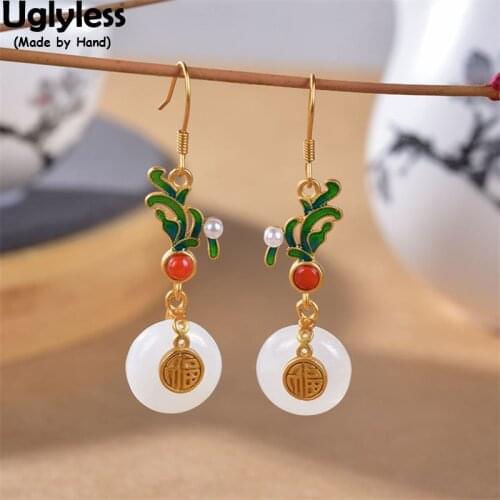 Uglyless Enamel Green Orchid Grass Earrings for Women Chinese FU Peace Buckles Vintage Earrings 925 Silver Agate Jade Brincos
