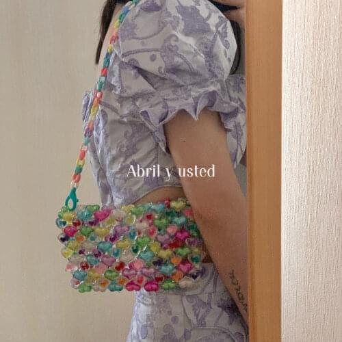 Stylish and versatile single shoulder pearl bag manual love mobile phone bag macarone Beaded oblique cross bag womens bag