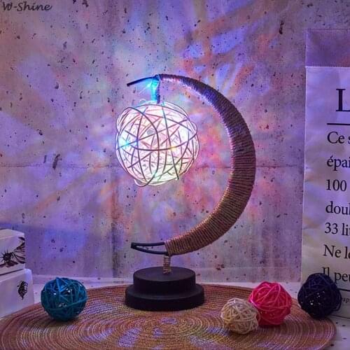 LED Night Lamp Stars Moon Light Rattan Ball Children Birthday Gift Handmade Hemp Rope USB Wrought Iron Table Light