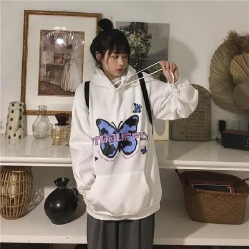 Street Harajuku Hooded Butterfly Neck Warm Long Sleeve Top Sports Sweatshirt Y2K Print Sweatshirt Womens Jacket Loose Round