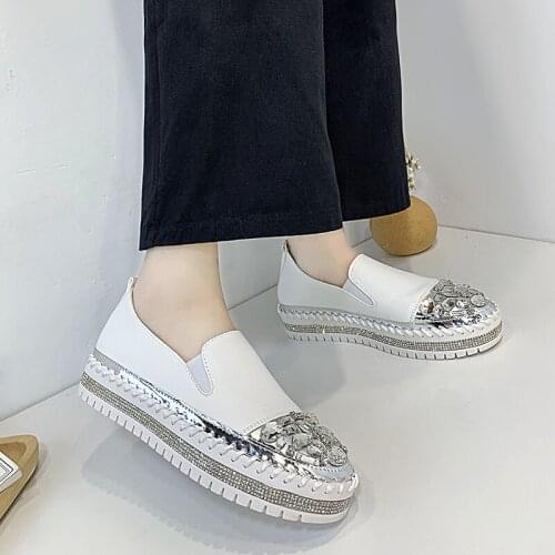 Rimocy New New Silver Crystal Flat Shoes Woman Comfortable PU Leather White Casual Shoes Women Platform Slip on Loafers Bling