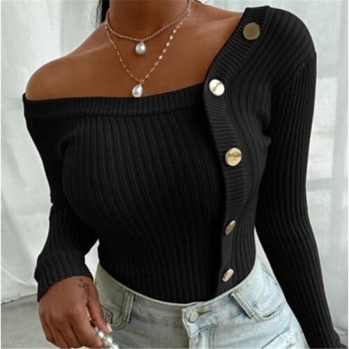Womens Sexy Knitted Ribbed Top Slash Neck Pullovers, Solid Color Long Sleeve Strapless Button Decoration Sweater