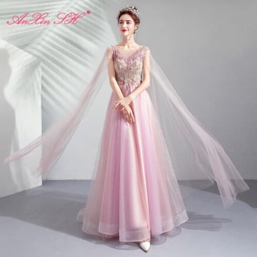AnXin SH princess pink flower lace evening dress luxury vintage o neck illusion beach pink beading illusion evening dress 1177