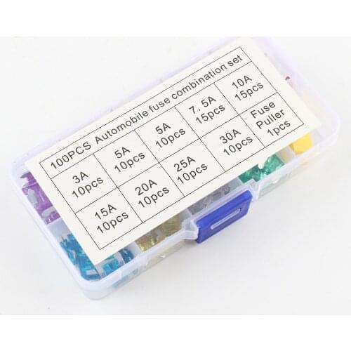 100PCS Auto Car Fuse Box Min Size 3A, 5A, 7.5A, 10A, 15A, 20A, 25A, 30A Fuses Combination Set