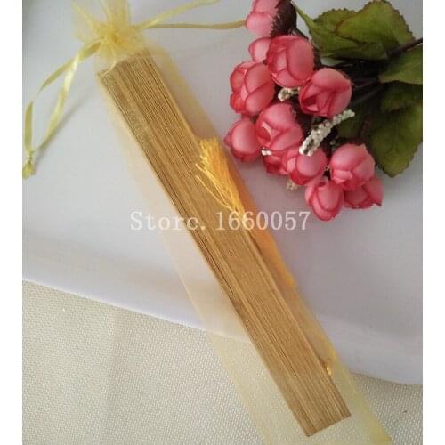 100pcs Wedding Favor Gift Gold/Silver/White Fans Wood Hand Folding Fans+Personalize Name Date by Laser/Printing+Organza/Yarn Bag