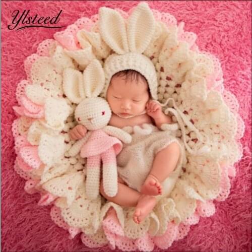 3pcs Set Newborn Photography Blanket Pink Rabbit Photo Props Beanies Hollow Crochet Bear Hats Knitted Blanket Baby Photo Shoot