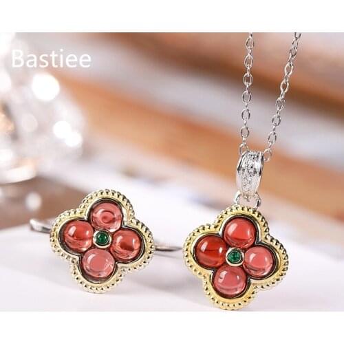 Bastiee Natural Red Garnet Clover 925 Sterling Silver Jewelry Sets For Women Rings Necklace Pendants Luxury Wedding Gift Girl