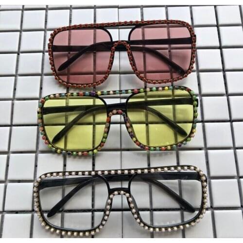 Oversized Square Diamond Beads Sunglasses Clear Lens Eyewear Rainbow Diamond Handmade Eyewear Large Shades Eyeglasses Gafas de