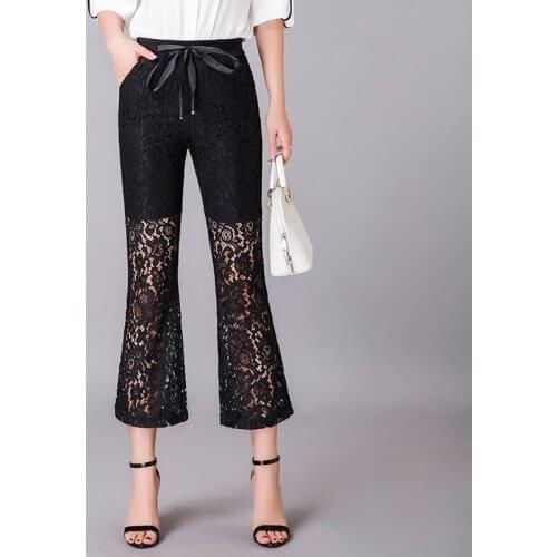 Black Lace Flared Pants Women Summer New High Waist Elastic Hollow Out Trousers Korean Fashion Plus Size Baggy Pantalones Mujer