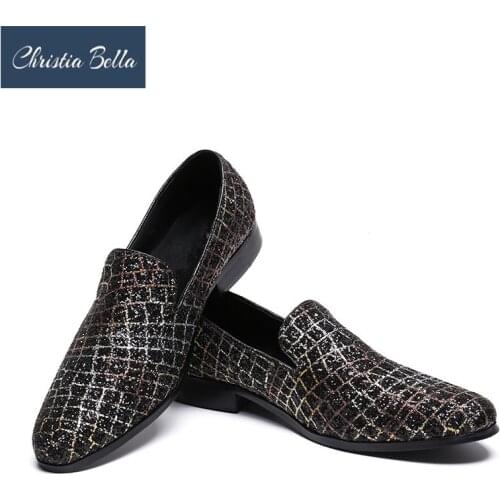 Christia Bella Handmade Sequin Black Men Dress Shoes Men Wedding and Party Loafers Mens Flats Summer Slippers Plus Size 38-46
