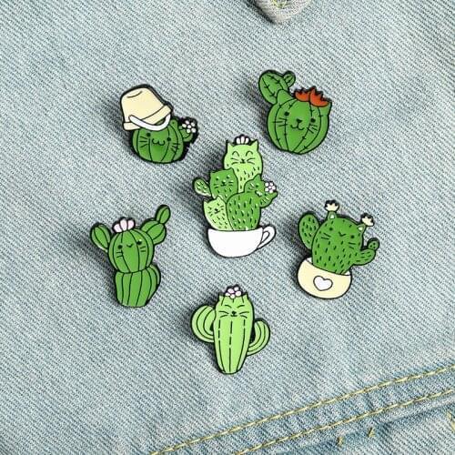 Cactus Cat Enamel Pin Custom Kitten Face Cactus Coffee Brooches Shirt Lapel Bag Funny Animal Plant Badge Jewelry Gift for Kids