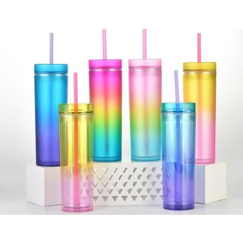 Gradient Rainbow Color Water BOTTLES Cup Straight Cup Double-layer Plastic Straw Cup Reusable Cup Cold Straws Reusable with Lid