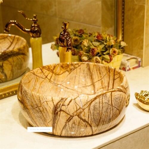 Bathroom Round Hand Wash Basin Art Tree-Texture Ceramics Sink Washing Room Basin Bowl Toilet Single Hole Above Counter Basin