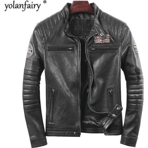 YOLANFAIRY Geniune Leather Jacket Men Sheepskin Leather Jacket Short Slim Motocycle Spring Autumn Jaqueta De Couro HL-019 MF113