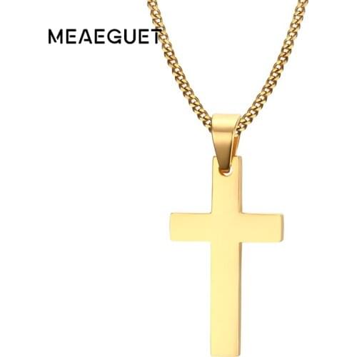 Meaeguet Jewelry Mens Cross Necklaces For Women Men Stainless Steel Gold-Color Pendant Prayer Necklaces 24" Curb Chain