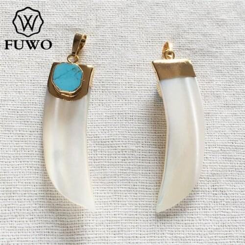 FUWO Fashion Long Horn Shell Pendant With 24K Gold Trimmed Raw Green Howlite Boho Jewelry Fittings Wholesale PD565