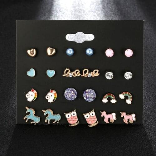 Fashion 12Pairs Stud Earrings Set Trendy Enamel Animal Owl Horse Unicorn Earings for Women Girl Small Round Crystal Earrings