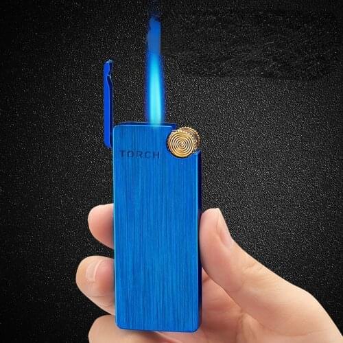 The New Personality Brushed Open Lid Grinding Wheel Straight Into The Lighter Blue Flame Inflatable Windproof Lighter Men Gadget