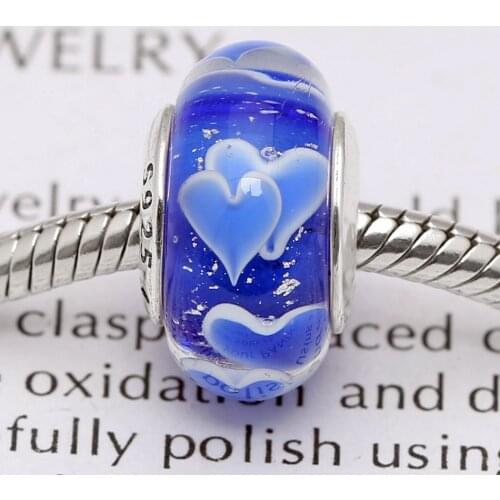 Original Blue Double Heart Lampwork Murano Glass Beads Fit 925 Sterling Silver Bead Charm Bracelet Bangle DIY Jewelry