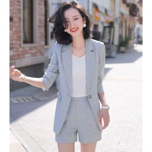Spring Fall Fashion Grey Blazer Women Business Suits Formal Office Suits Work Wear Uniforms Ladies Shorts and Jacket Sets